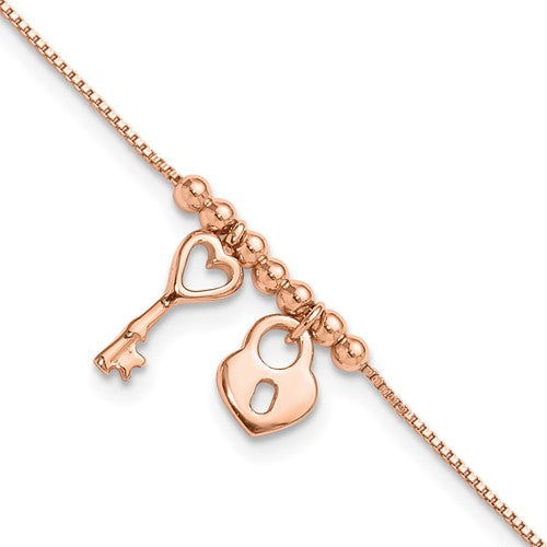 Sterling Silver Rose-tone Polished Heart Lock with 1in ext Anklet