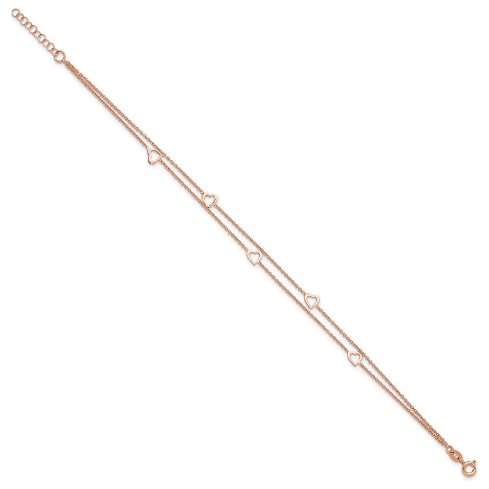 Sterling Silver Rose-tone Polished Heart 10in Plus 1in Anklet