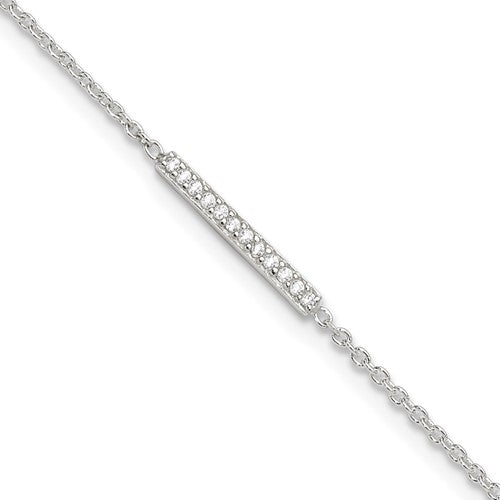 Sterling Silver Polished CZ Bar 10in Plus 1in Ext. Anklet