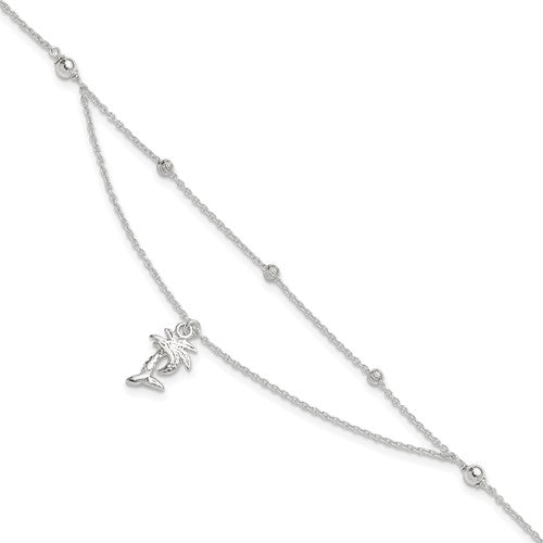 Sterling Silver Polished 2-Strand Palm Tree 9in Plus 1in Ext Anklet