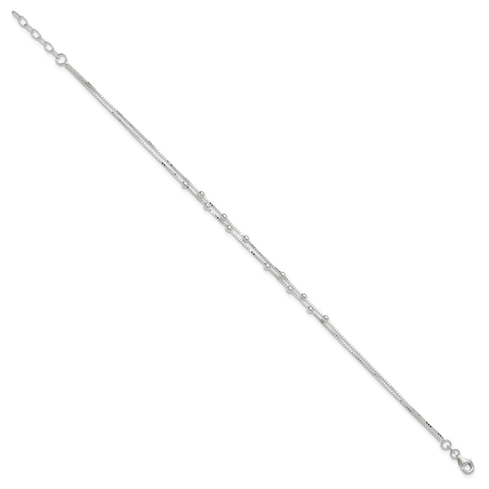 Sterling Silver Polished Beaded 2-strand 10 inch Plus 1 inch ext. Anklet