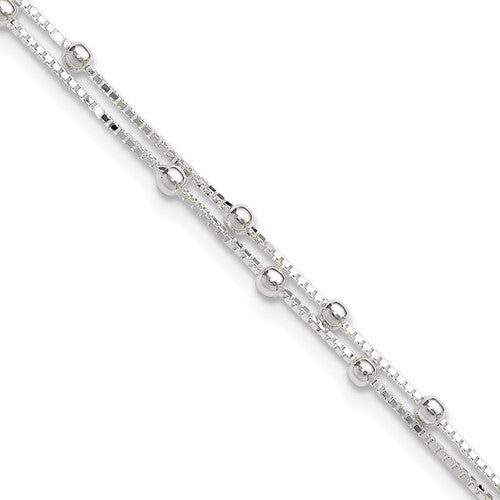 Sterling Silver Polished Beaded 2-strand 9 inch Plus 1 inch ext. Anklet