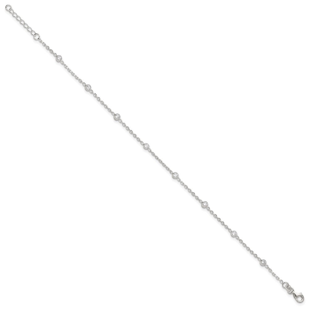 Sterling Silver Rhodium-plated Polished w/CZ 10in Plus 1in ext. Anklet