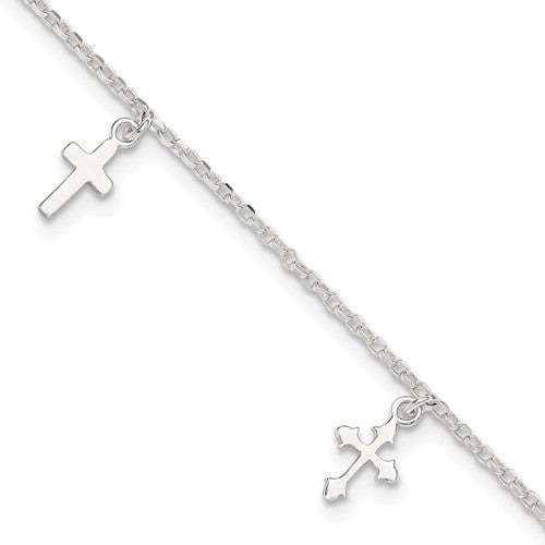 Sterling Silver Polished Cross Dangle 9in Plus 1in Ext Anklet