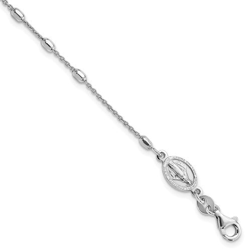 Sterling Silver Rhodium Plated Polished Beaded Cross Bracelet