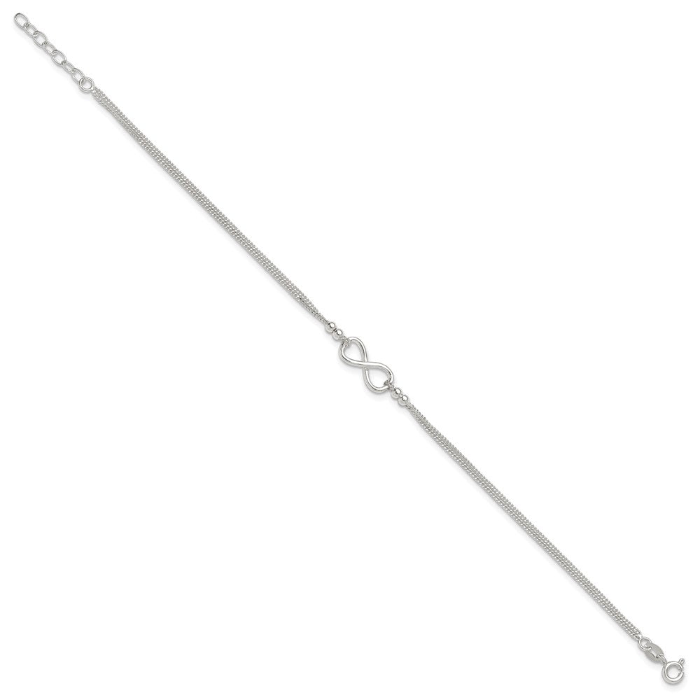 Sterling Silver 2-Strand Beaded Infinity Symbol 10in Plus 1in ext. Anklet