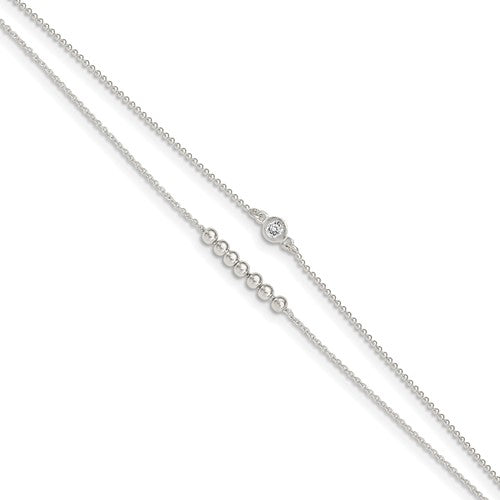Sterling Silver 2-Strand Beaded CZ 9in Plus 1in Ext. Anklet