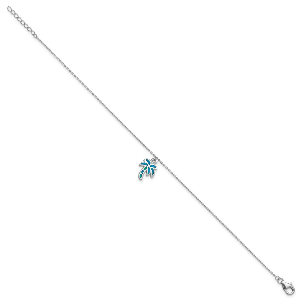 Sterling Silver RH-plated Created Opal Palm Tree 9 +1in Anklet