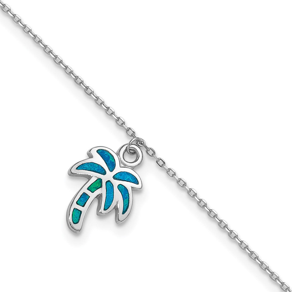 Sterling Silver RH-plated Created Opal Palm Tree 9 +1in Anklet
