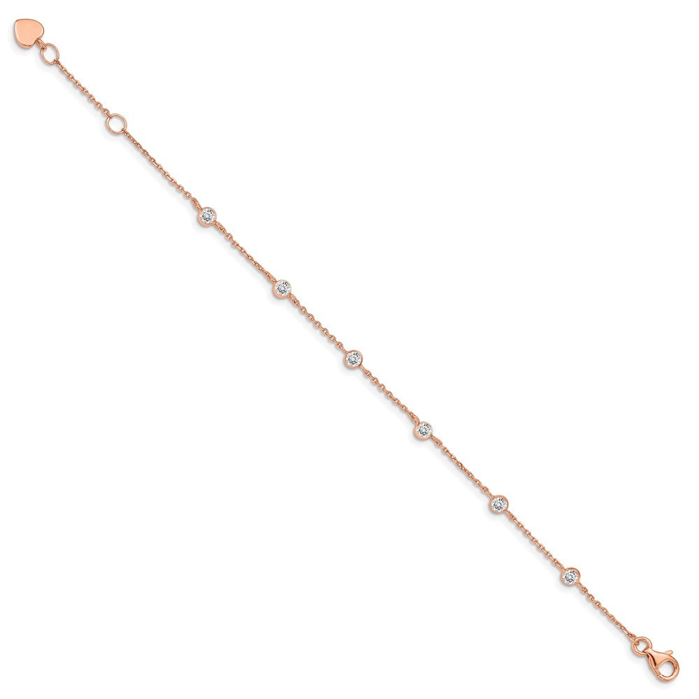 Sterling Silver Rose-tone w/ .75in ext. CZ Heart Bracelet