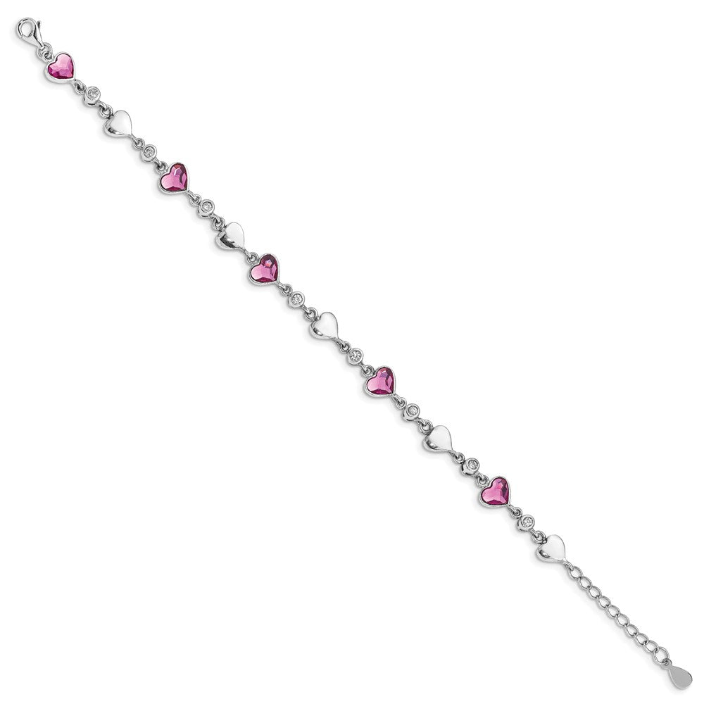 Sterling Silver RH Plated Clear & Pink Crystal Hearts  w/1in ext Bracelet