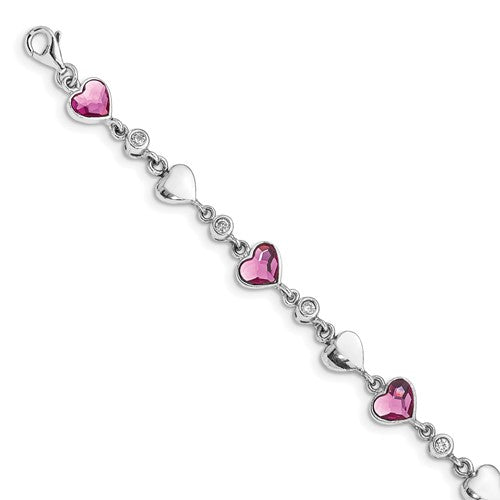 Sterling Silver RH Plated Clear & Pink Crystal Hearts  w/1in ext Bracelet