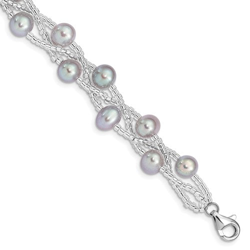 Sterling Silver Rhd-plt 7-9mm Grey FWC Pearl Glass Bead Bracelet