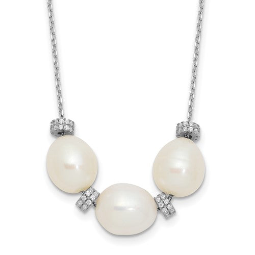 Sterling Silver Rhodium-plated CZ Bead/FWC Pearl w/ 2in ext. Necklace