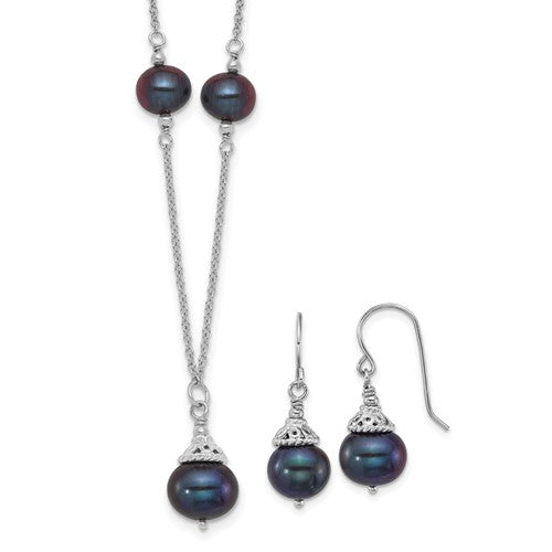 Sterling Silver Rh-plated Black FWC Pearl 18in Necklace/Earrings Set