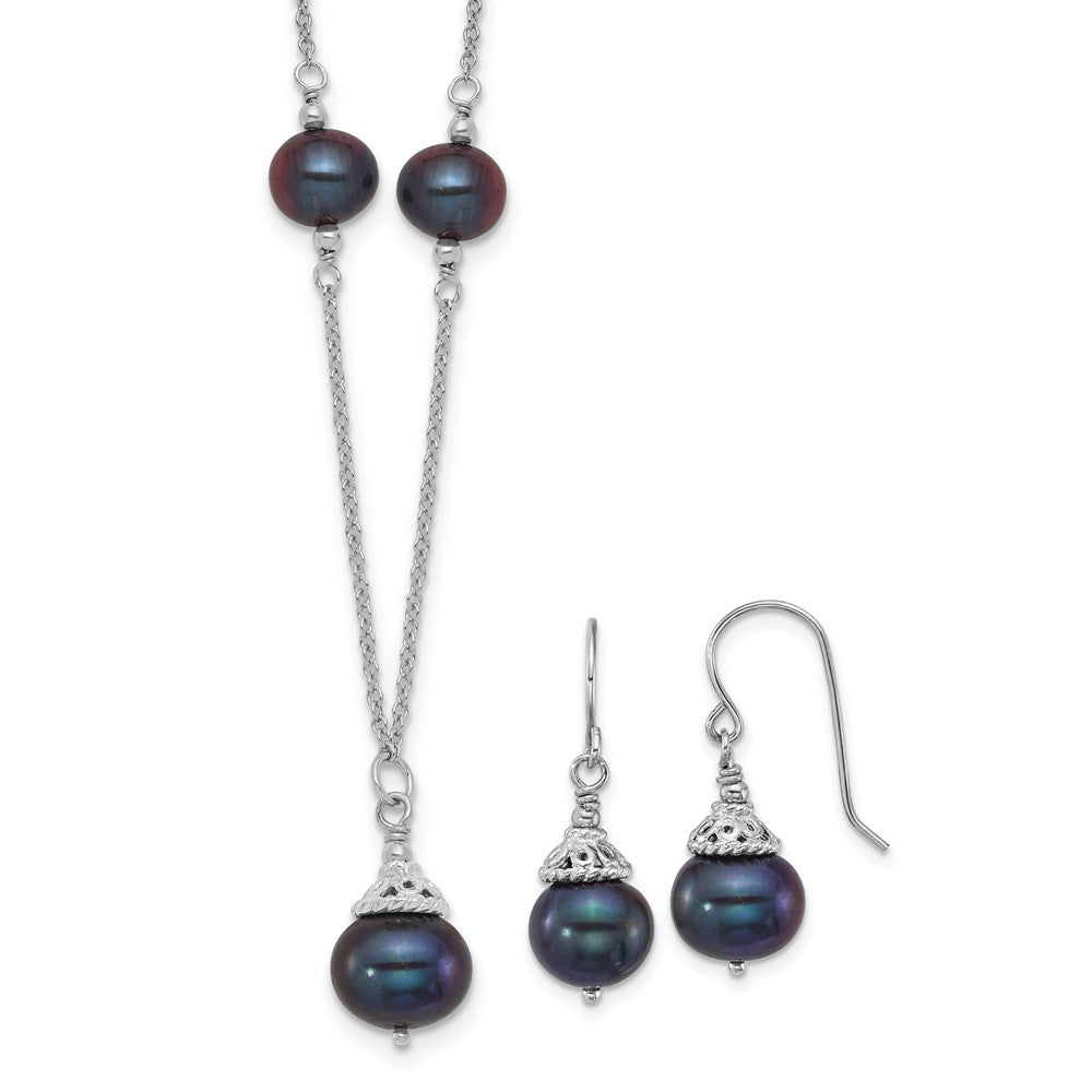 Sterling Silver Rh-plated Black FWC Pearl 18in Necklace/Earrings Set