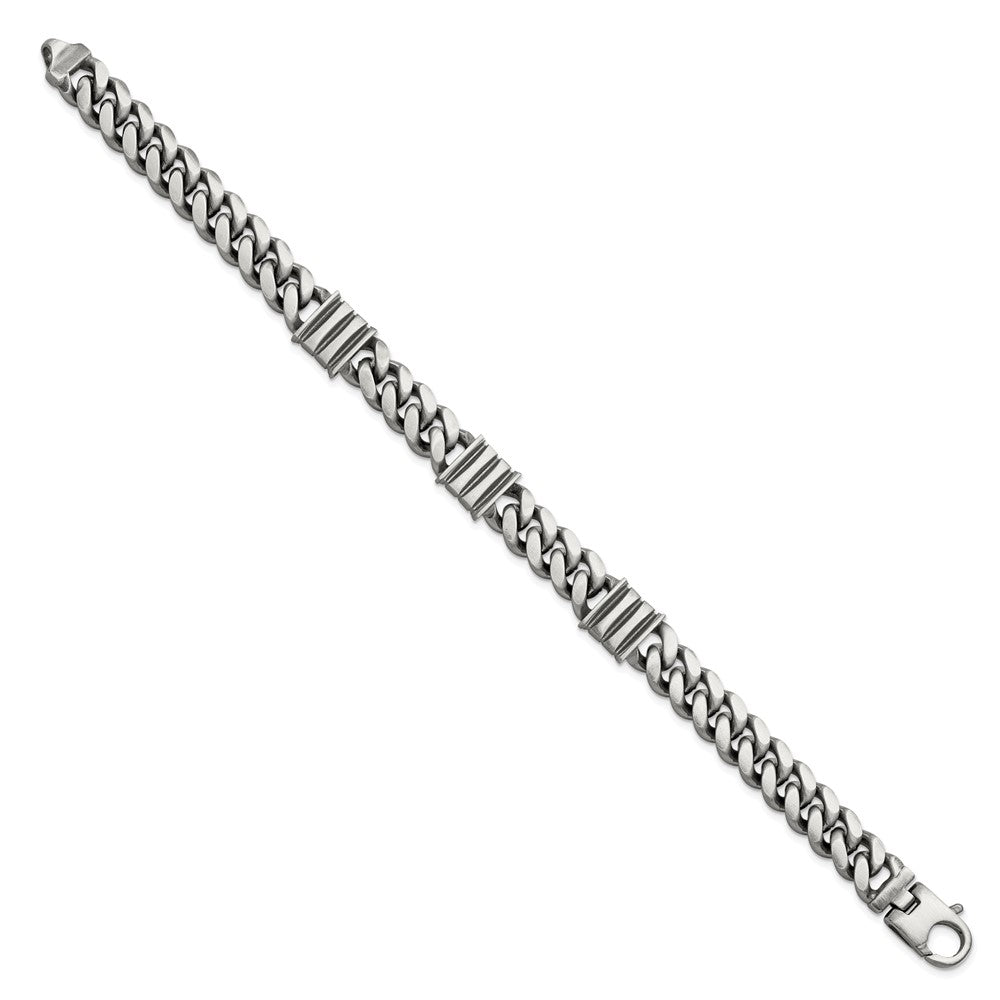 Sterling Silver Mens Antiqued Brushed Curb/Bar Bracelet