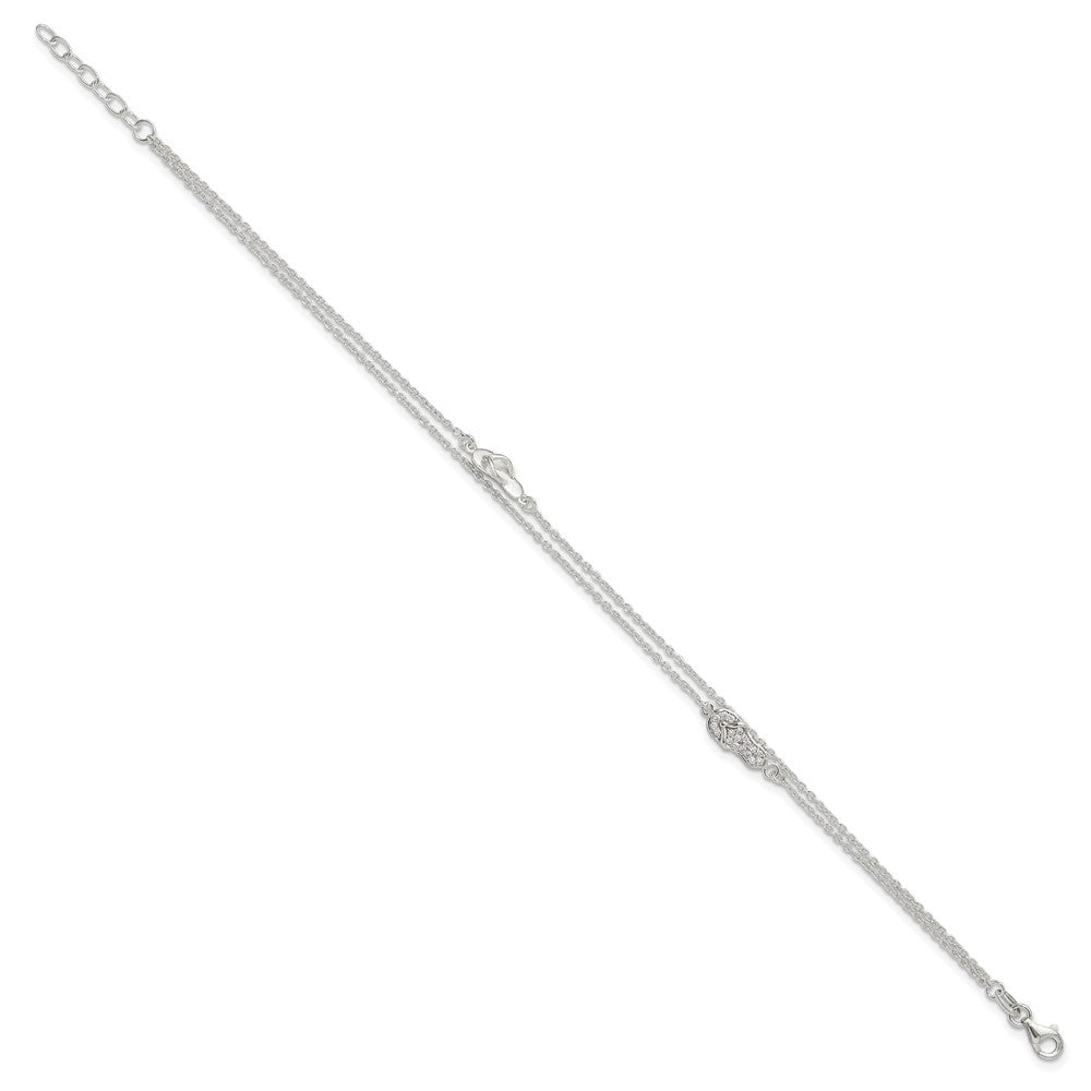 Sterling Silver CZ Flip Flop 9in Plus 1in Ext. Anklet