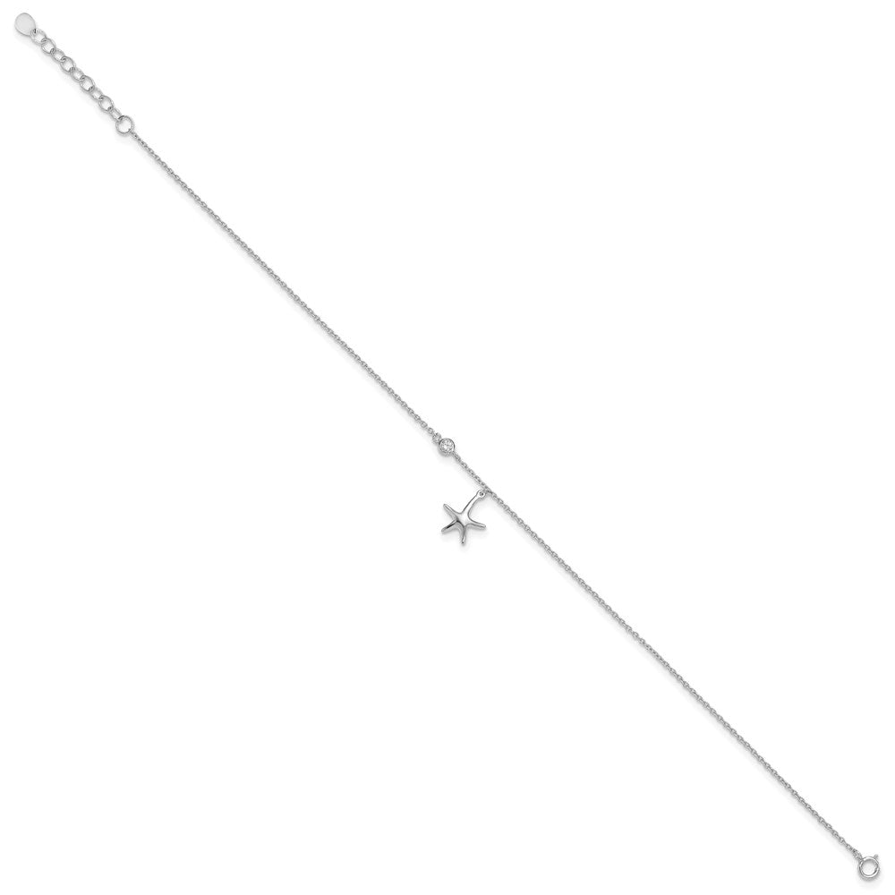 Sterling Silver Rhod-plated Polished CZ Starfish 9in Plus 1 in Ext  Anklet