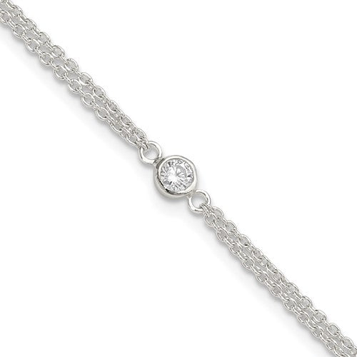 Sterling Silver Bezel CZ 2-Strand 9in Plus 1 in Ext. Anklet