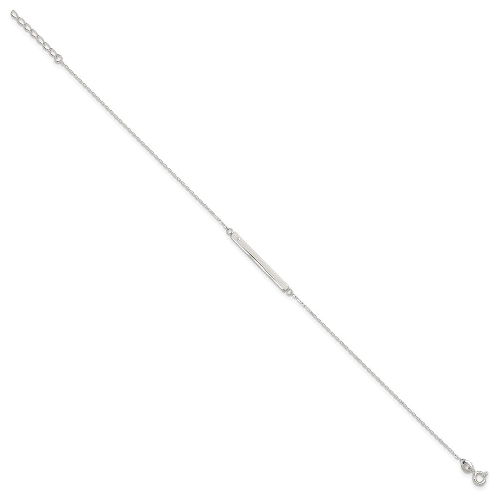 Sterling Silver Polished Crystal Bar 9in Plus 1in ext Anklet