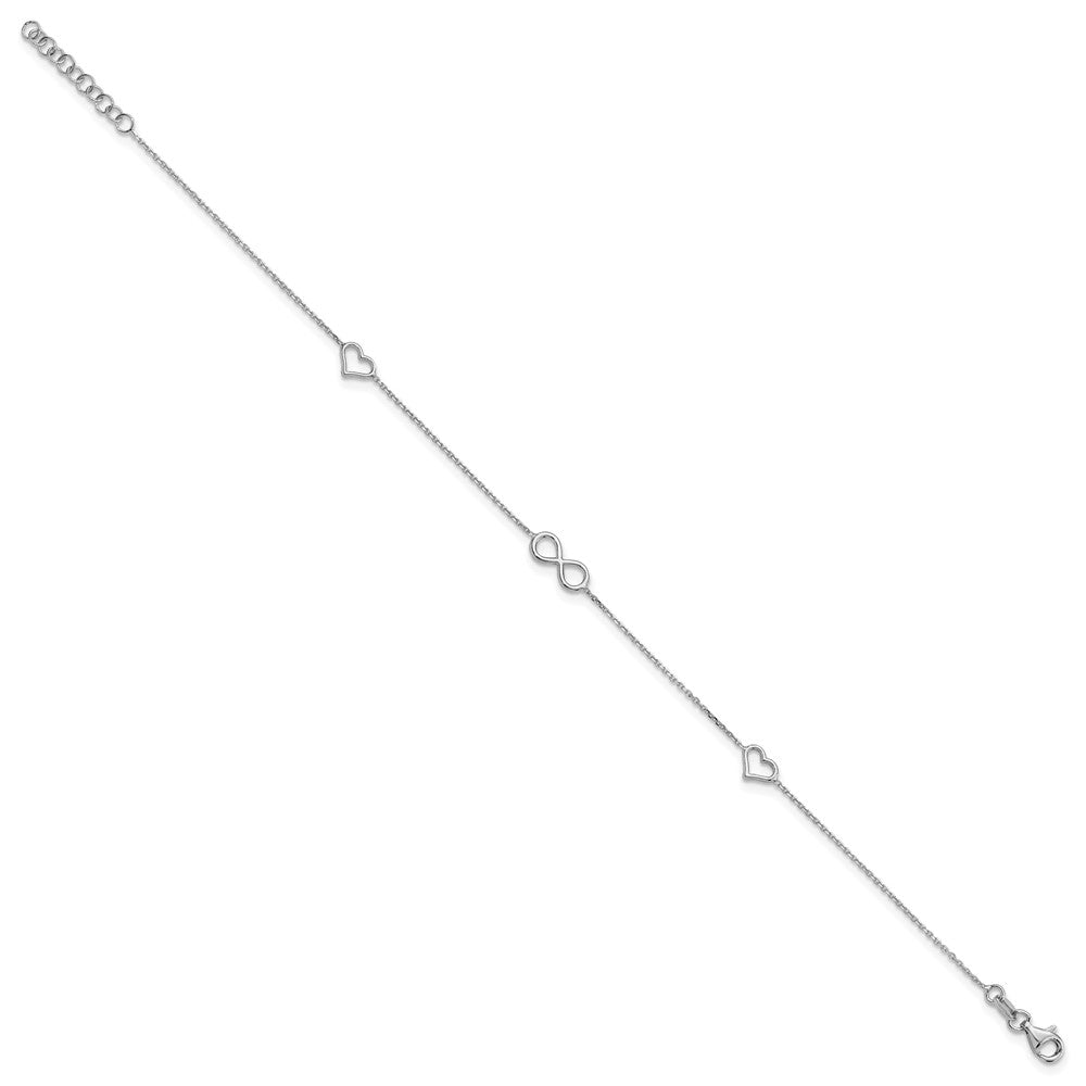 Sterling Silver Rh-plated Heart/Infinity Symbol 9in Plus 1in ext. Anklet