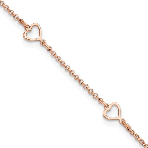 Sterling Silver Rose-tone Hearts 9in Plus 1in ext Anklet
