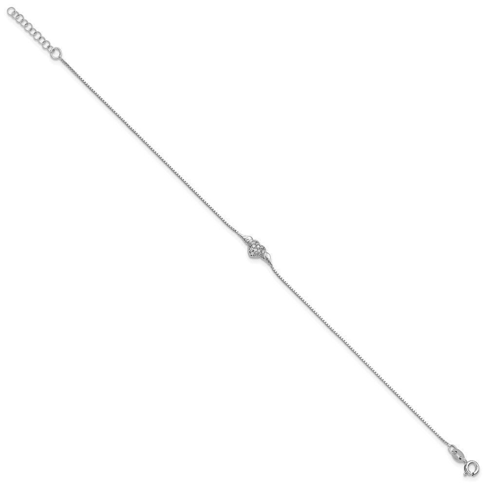 Sterling Silver Rhodium-plated CZ Heart w/Wings 9in Plus 1in ext Anklet