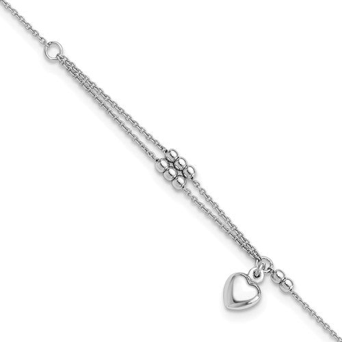 Sterling Silver Rhodium-plated Beads and Heart 9in Plus 1in ext Anklet