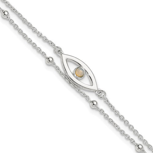 Sterling Silver Polished Created Opal Eye and Bead 9in Plus 1in ext Anklet