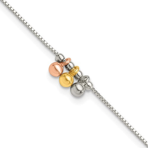 Sterling Silver with Rose and Gold-Tone Dangle Beads 9in Plus 1in ext Ankle