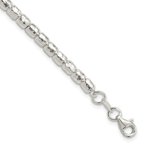 Sterling Silver RH-plated Polish/Hammered Beaded w/1 in ext. Bracelet