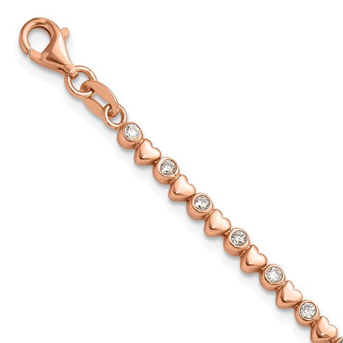 Sterling Silver Rose-tone Polished CZ and Hearts 7in w/1in ext. Bracelet