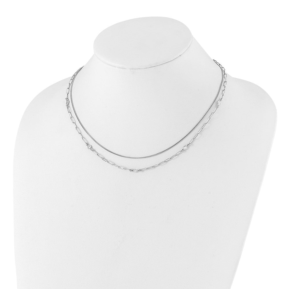 Sterling Silver Rhodium-plated CZ 2 Strand 17in w/2in ext. Necklace