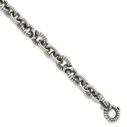 Sterling Silver Oxidized Round Textured Link Men's Bracelet