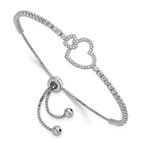 Sterling Silver Rhodium-plated CZ Heart Adjustable Bolo Bracelet