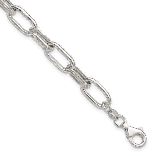 Sterling Silver Polished and Textured w/.5in Ext Oval Link Bracelet