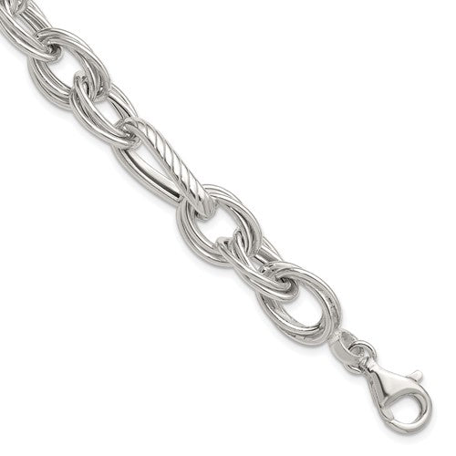 Sterling Silver Polished and Textured 8in Twisted Fancy Link Bracelet