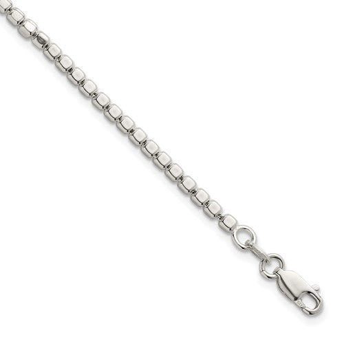 Sterling Silver Polished and Square Beaded 7in w/1in Ext. Bracelet