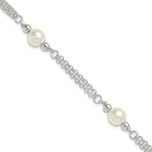 Sterling Silver Polished 2-Strand Glass Pearl Bracelet