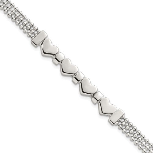 Sterling Silver Polished and Beaded Hearts 7.25 Inch Bracelet