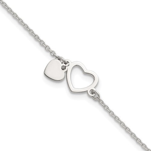 Sterling Silver Polished Double Heart w/1in Ext Bracelet