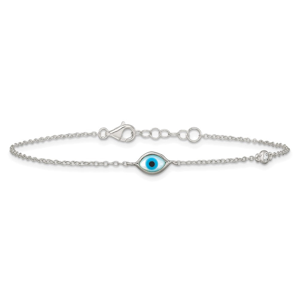 Sterling Silver CZ and Mother Of Pearl Evil Eye 6.75in w/.5in Ext Bracelet