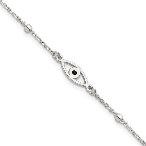 Sterling Silver Polished Black Enamel Evil Eye w/1in Ext Bracelet
