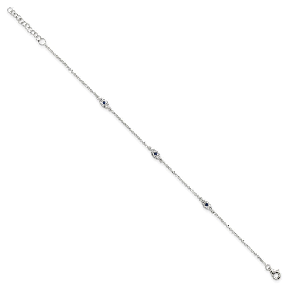 Sterling Silver Polished Blue and White CZ Evil Eye 7in w/ 1in Ext Bracelet