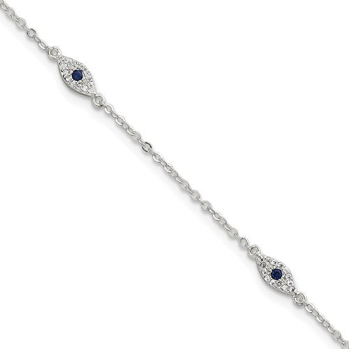 Sterling Silver Polished Blue and White CZ Evil Eye 7in w/ 1in Ext Bracelet