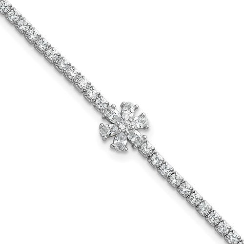 Sterling Silver Rhodium-plated Polished CZ Flower Tennis Bracelet