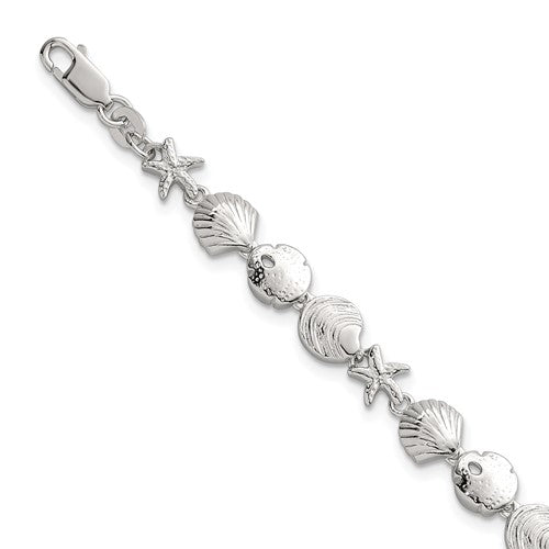Sterling Silver Polished Textured Starfish and Sea Shell 7.25in Bracelet