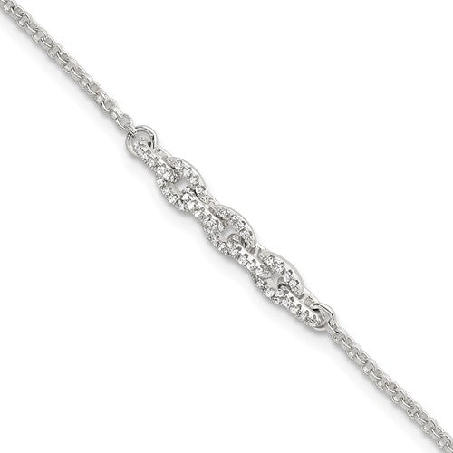 Sterling Silver Polished CZ Cable Link 6.75 Inch with .5 Inch Ext Bracelet