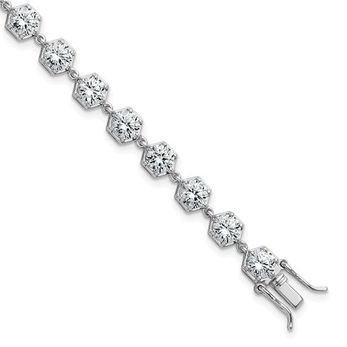 Sterling Silver RH-plated Polished CZ Hexagon 8 Inch Bracelet